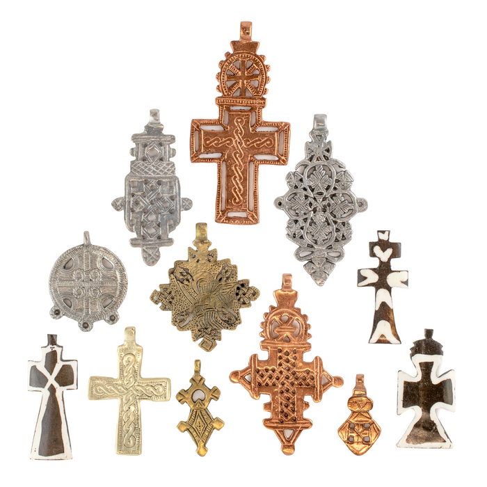 12-Piece Cross Pendant Bundle: Brass, Copper, Silver & Bone - The Bead Chest