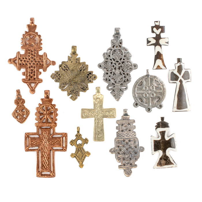 12-Piece Cross Pendant Bundle: Brass, Copper, Silver & Bone - The Bead Chest