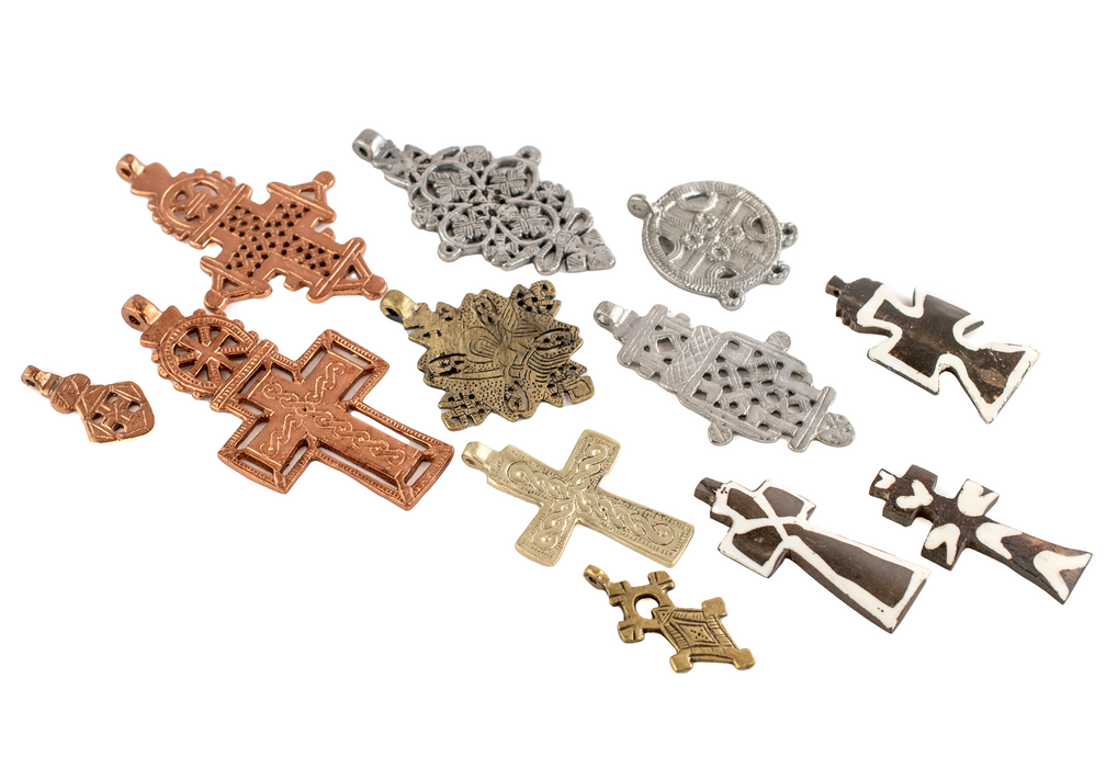 12-Piece Cross Pendant Bundle: Brass, Copper, Silver & Bone - The Bead Chest