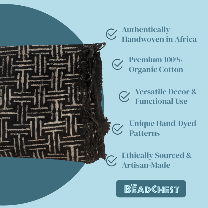 Ebony Black Bogolan Mali Mud Cloth (Maze Design) - The Bead Chest