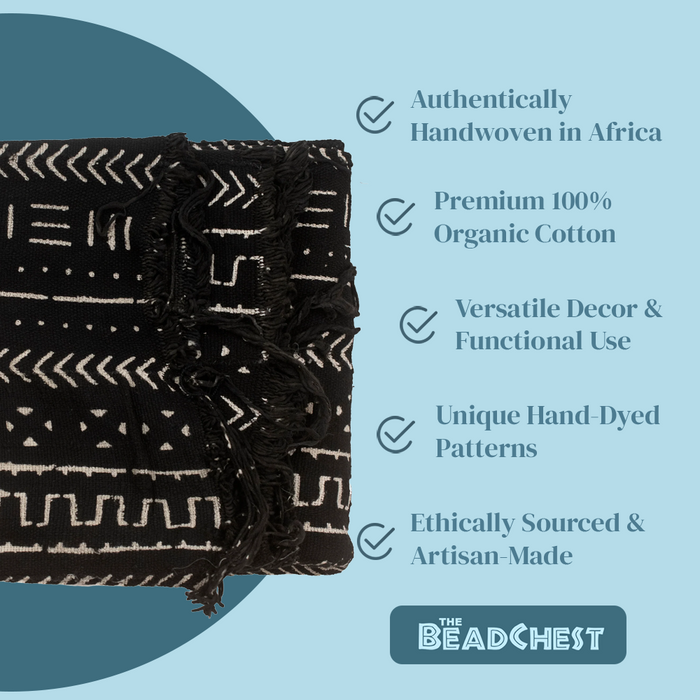 Ebony Black Bogolan Mali Mud Cloth (Bandiagara Design) - The Bead Chest