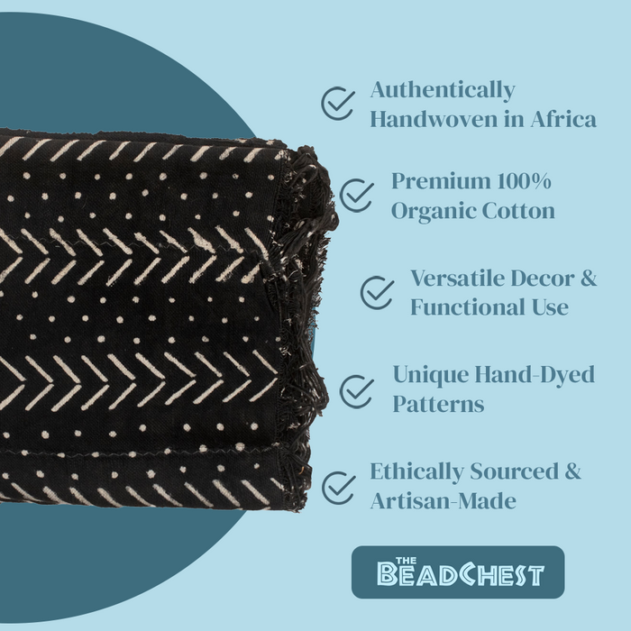 Ebony Black Bogolan Mali Mud Cloth (Dotted Arrow Design) - The Bead Chest