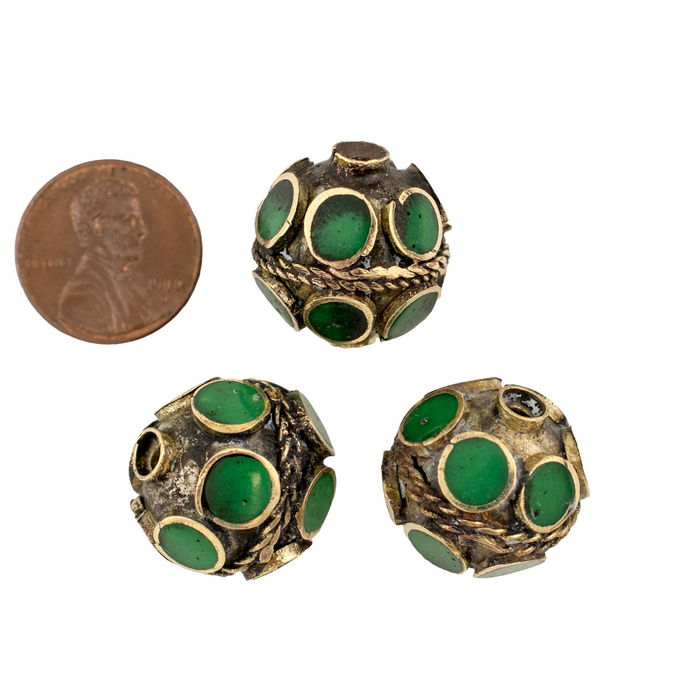 Emerald-Inlaid Afghan Tribal Silver Bead (20mm) - The Bead Chest