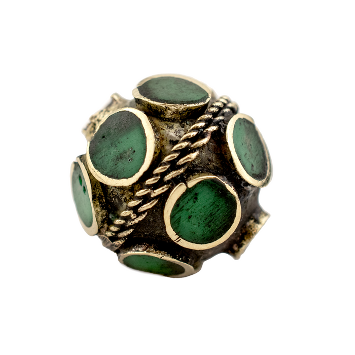 Emerald-Inlaid Afghan Tribal Silver Bead (20mm) - The Bead Chest