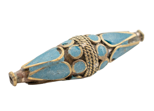 Turquoise-Inlaid Elongated Afghan Tribal Brass Bead (53x15mm) - The Bead Chest
