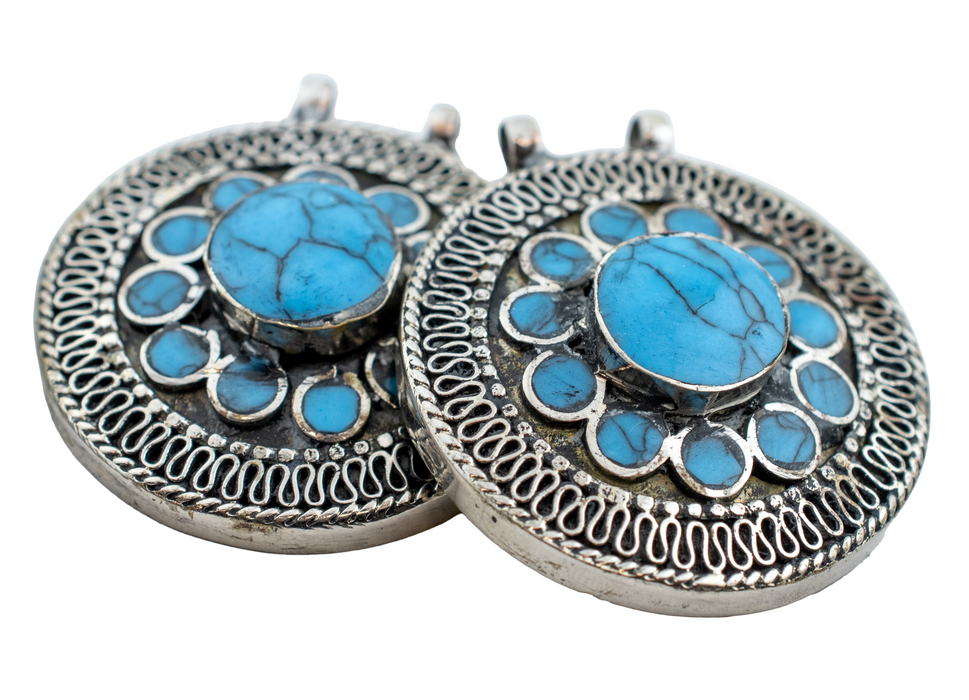 Turquoise Blue Inlaid Afghan Silver Pendant - The Bead Chest