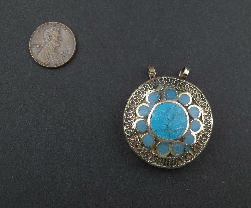 Turquoise Blue Inlaid Afghan Silver Pendant - The Bead Chest