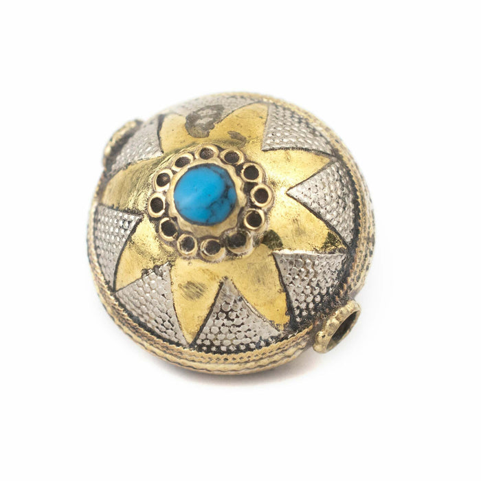 Turqouise Blue Inlaid Afghan Brass Bead Pendant (30x26mm) - The Bead Chest