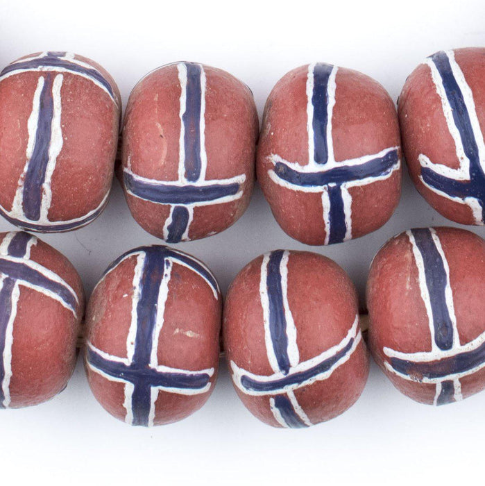 Jumbo Painted Krobo Glass Beads (Blue French Cross) - The Bead Chest