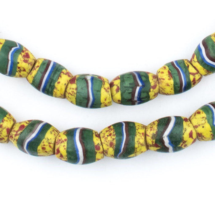 Blue, Green, Yellow Striped Oval Venetian Trade Beads - The Bead Chest