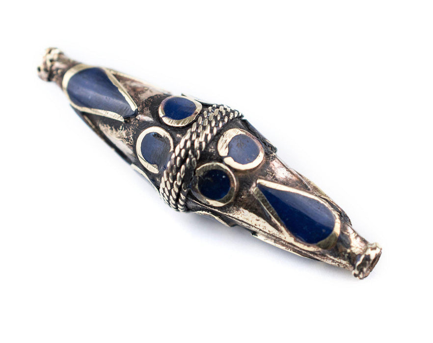 Lapis-Inlaid Elongated Afghan Tribal Silver Bead (60x18mm) - The Bead Chest