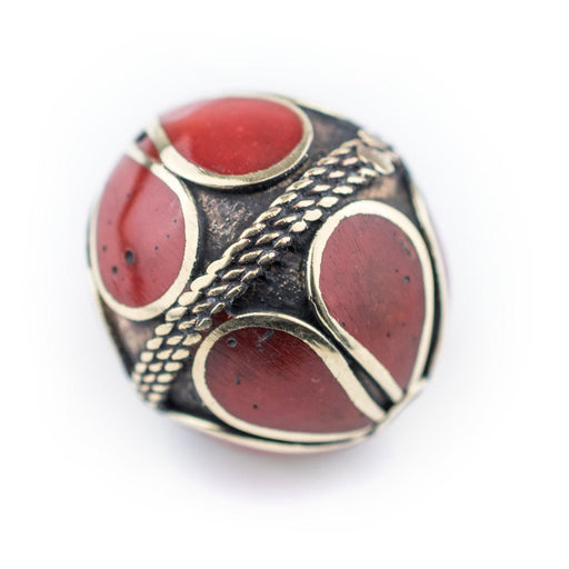 Coral-Inlaid Afghan Tribal Silver Bead (25mm) - The Bead Chest