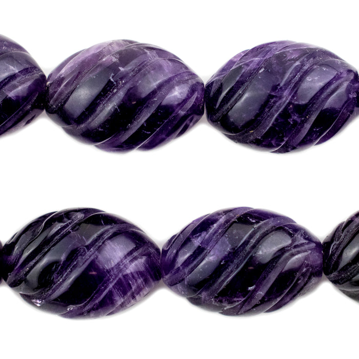 Carved Spiral Oval Amethyst Beads (25x18mm) - The Bead Chest