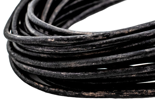 2.5mm Black Distressed Round Leather Cord (15ft) - The Bead Chest