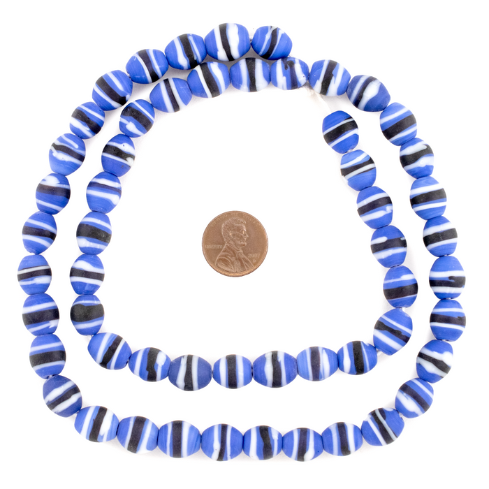 Blue & Black Striped Venetian-Style Glass Beads (11x9mm) - The Bead Chest