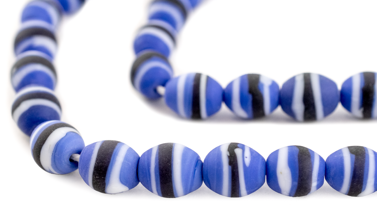 Blue & Black Striped Venetian-Style Glass Beads (11x9mm) - The Bead Chest